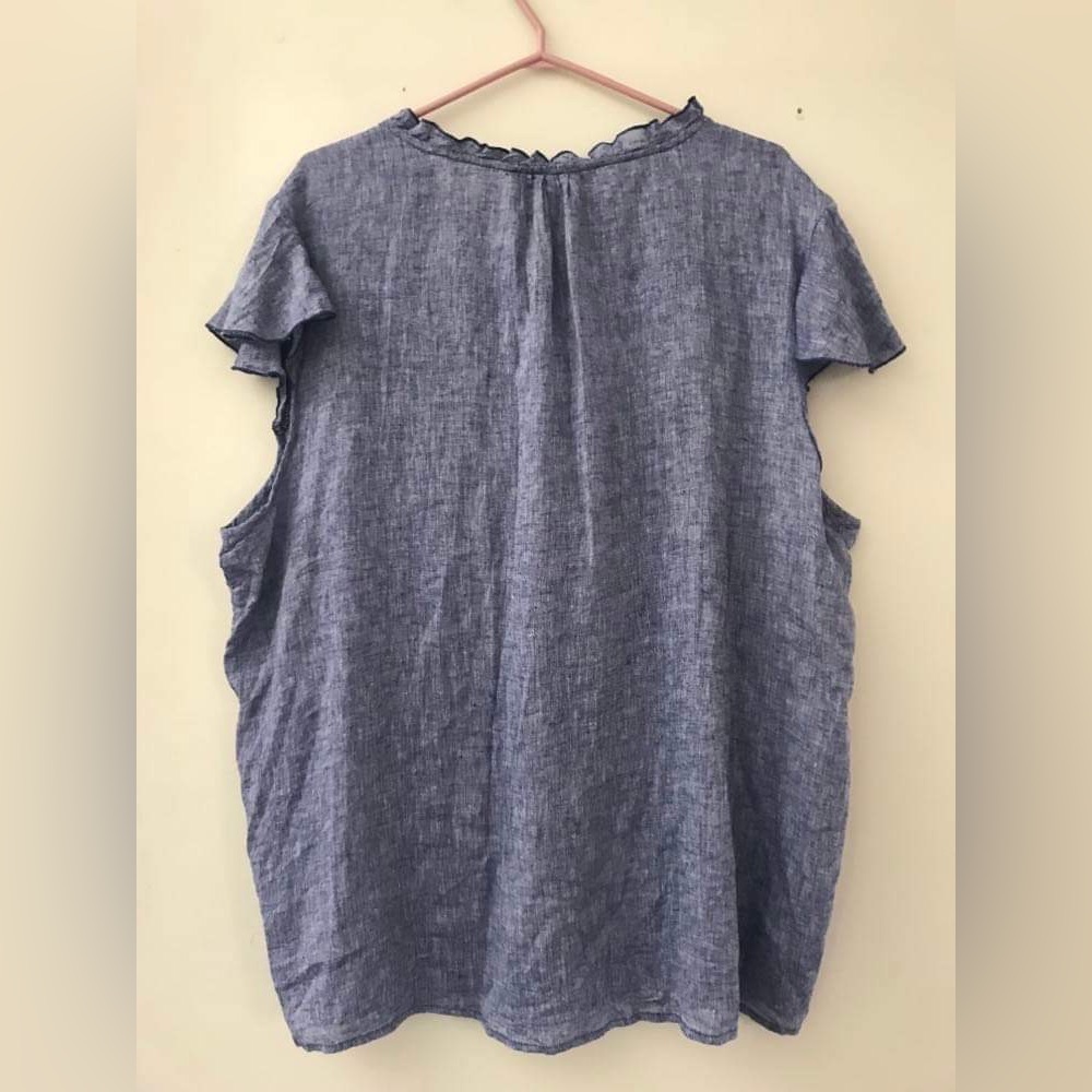 Women's Blue Linen Ruffle Sleeve Button-Front Top - Picture 5 of 6